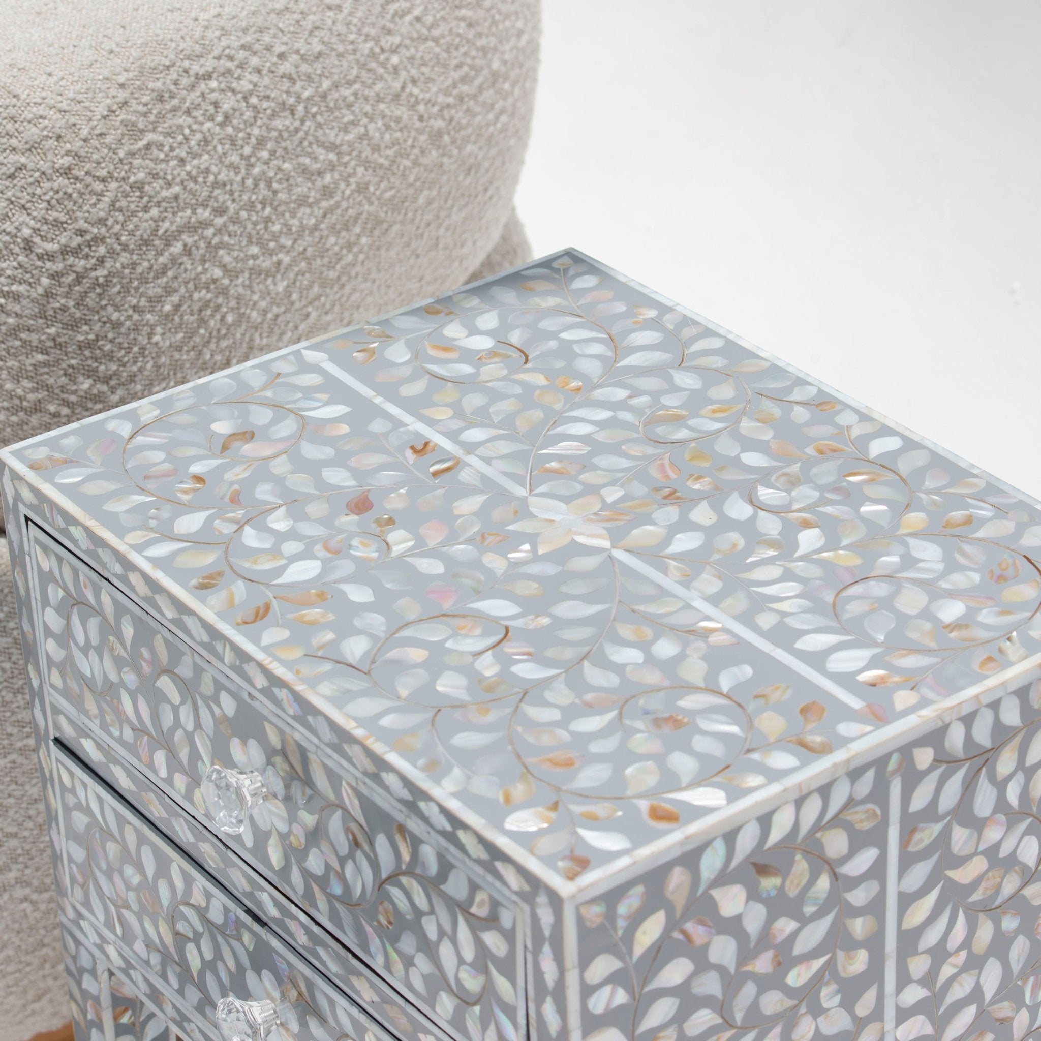 OCEAN-GREY MOTHER OF PEARL TWO DRAWER BEDSIDE TABLE - Art and craft furniture