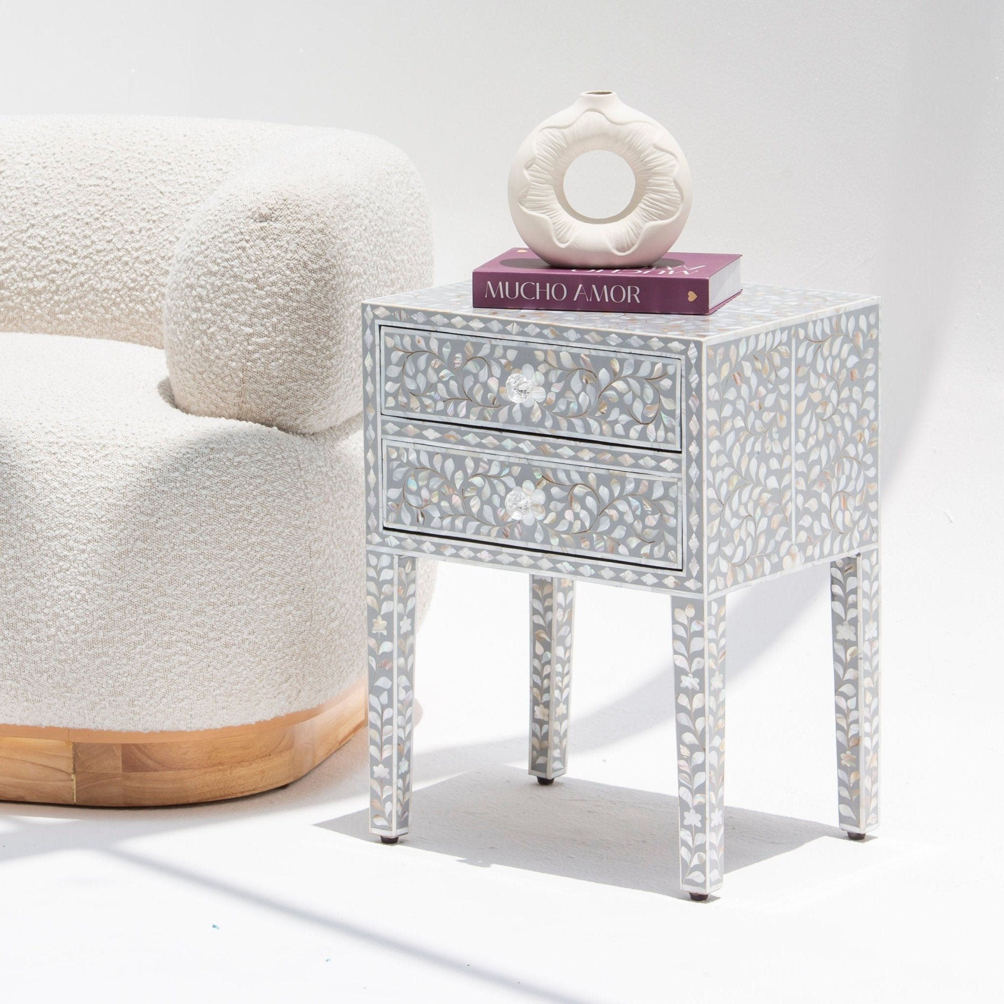OCEAN-GREY MOTHER OF PEARL TWO DRAWER BEDSIDE TABLE - Art and craft furniture