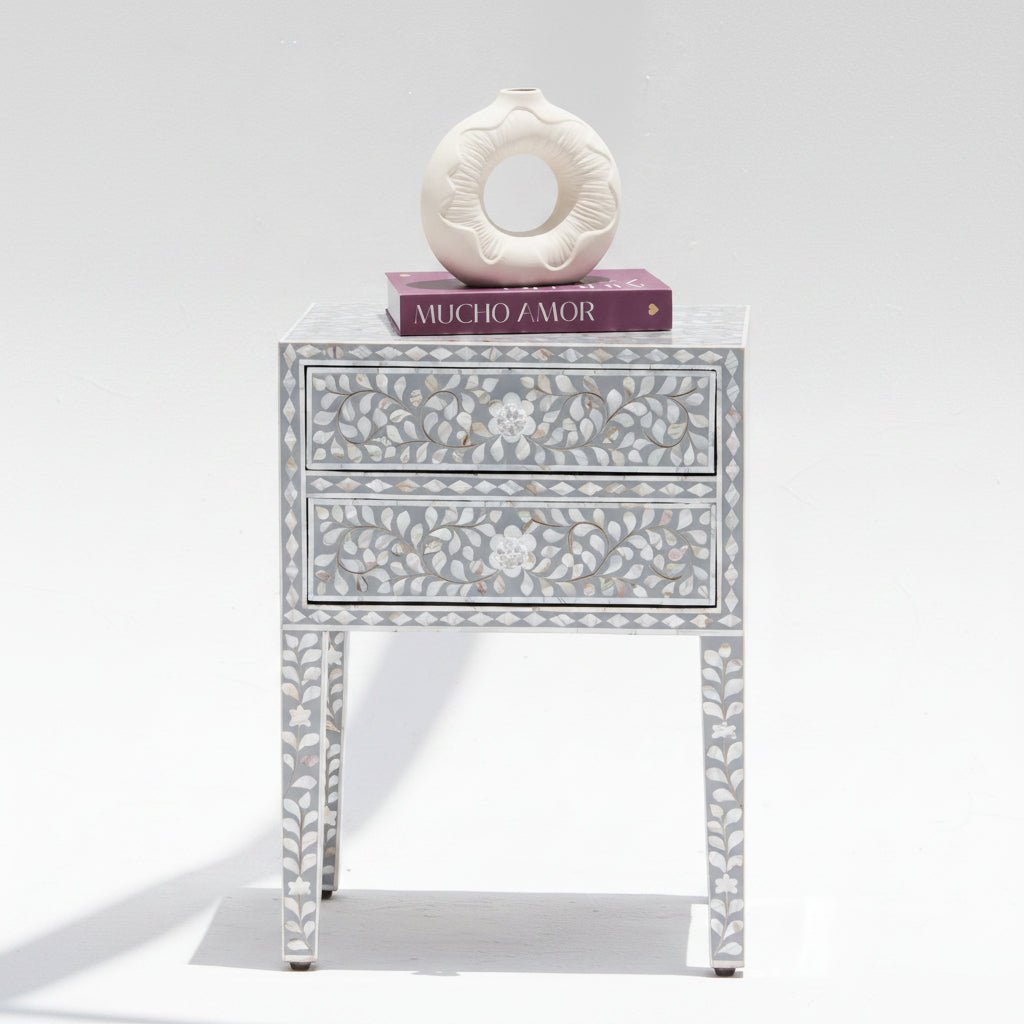 OCEAN-GREY MOTHER OF PEARL TWO DRAWER BEDSIDE TABLE - Art and craft furniture