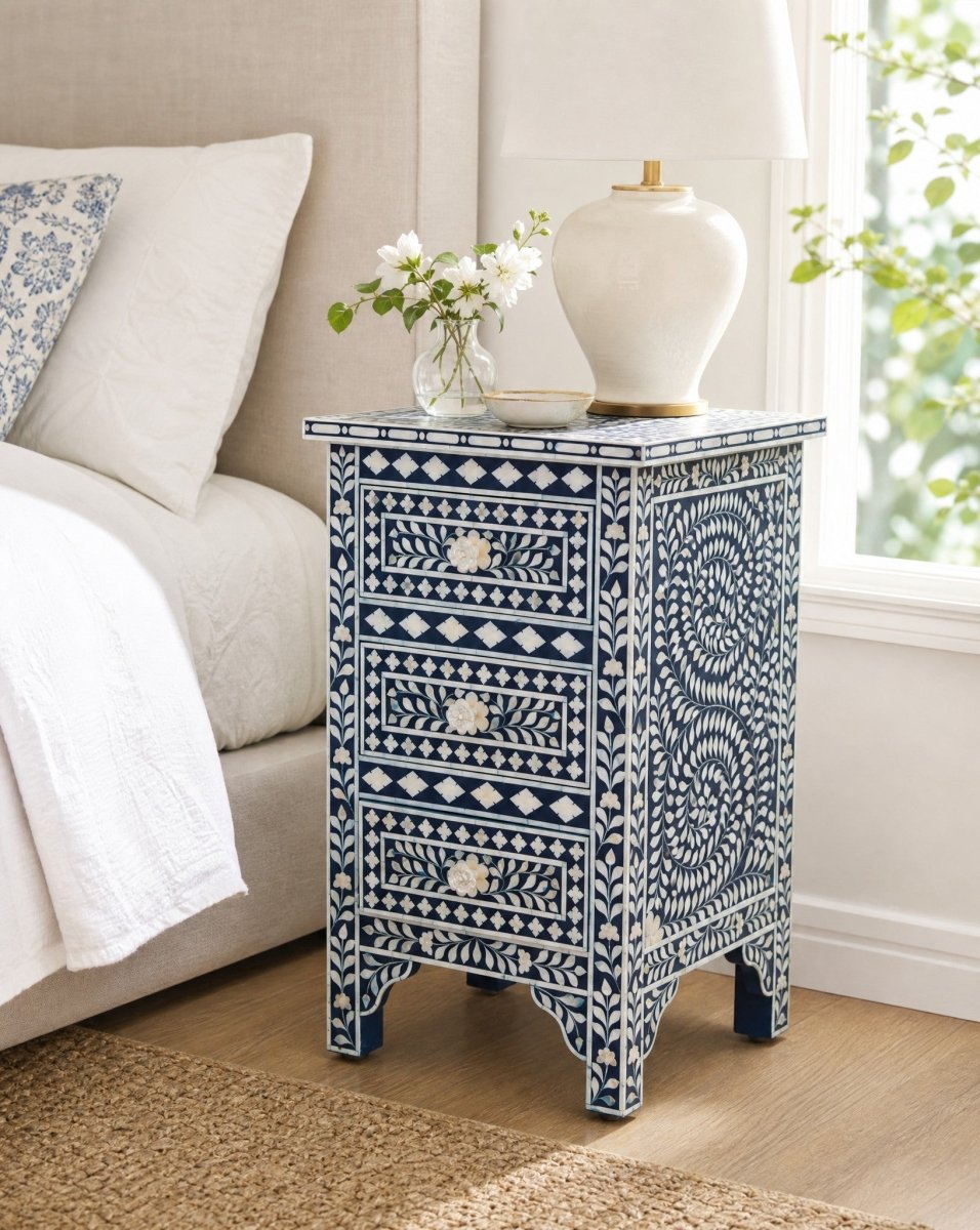 Ocean Pearl Blue Three Drawer Bedside Table - Art and craft furniture