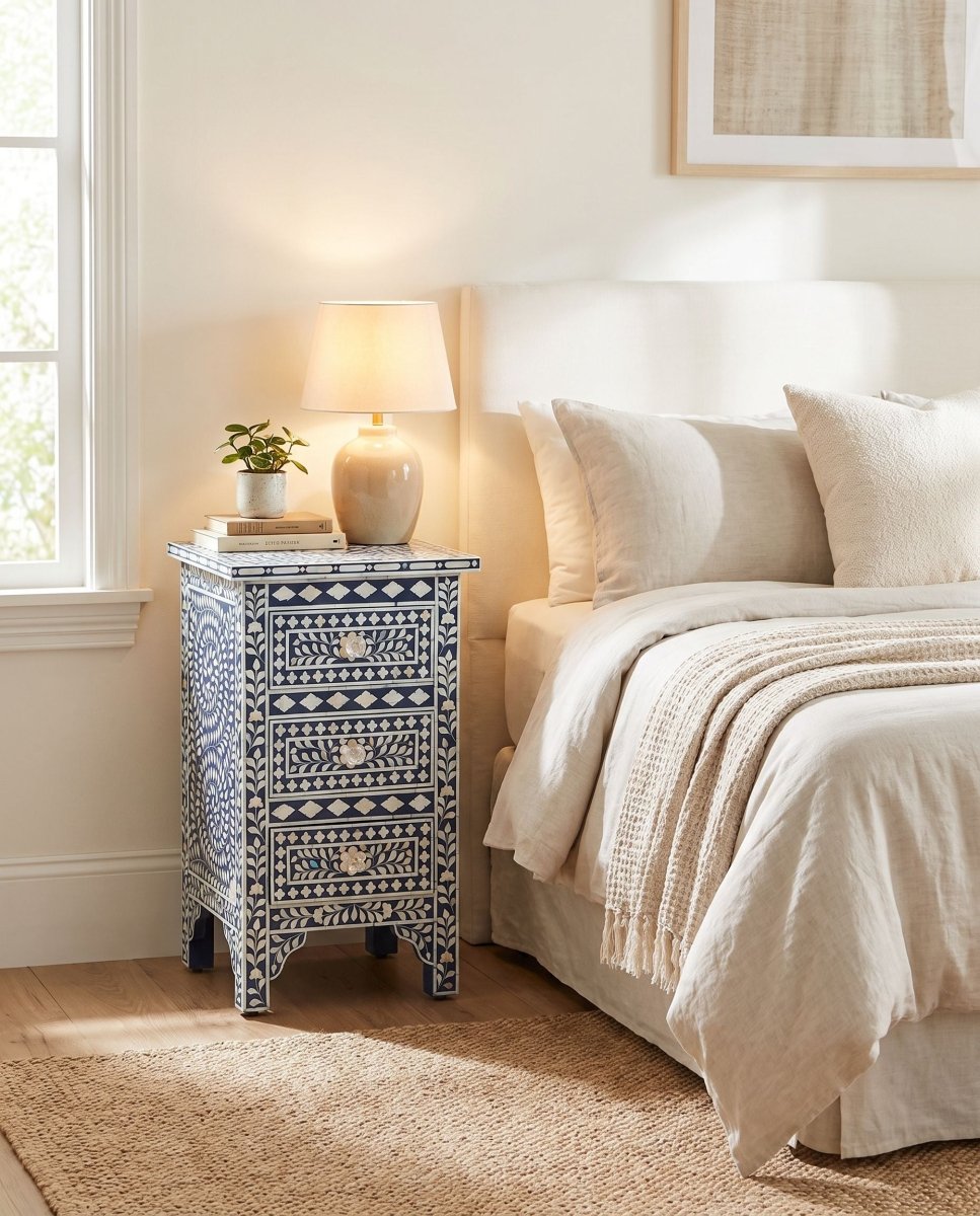 Ocean Pearl Blue Three Drawer Bedside Table - Art and craft furniture
