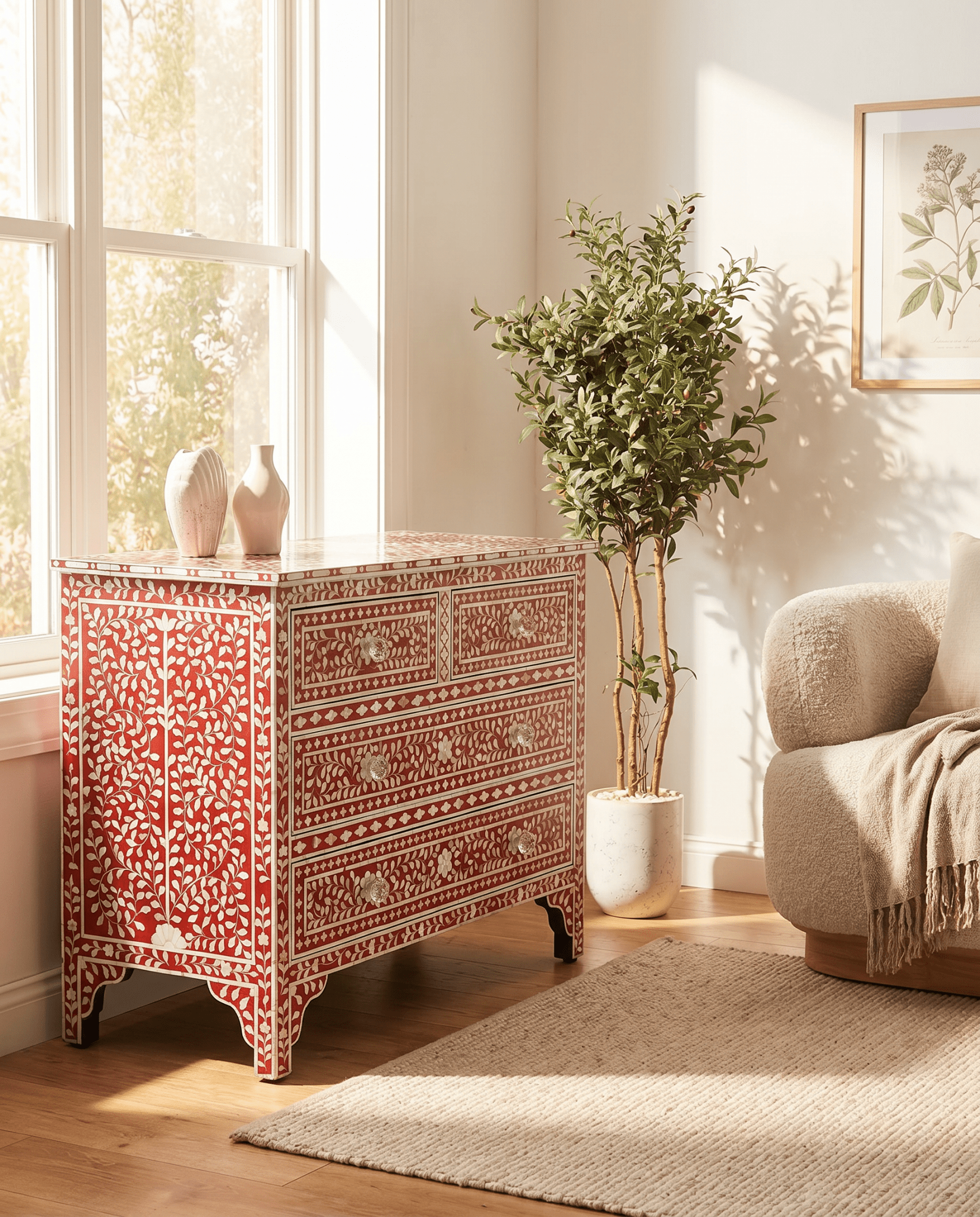 OCEAN-RED MOTHER OF PEARL CHEST OF DRAWER - Art and craft furniture