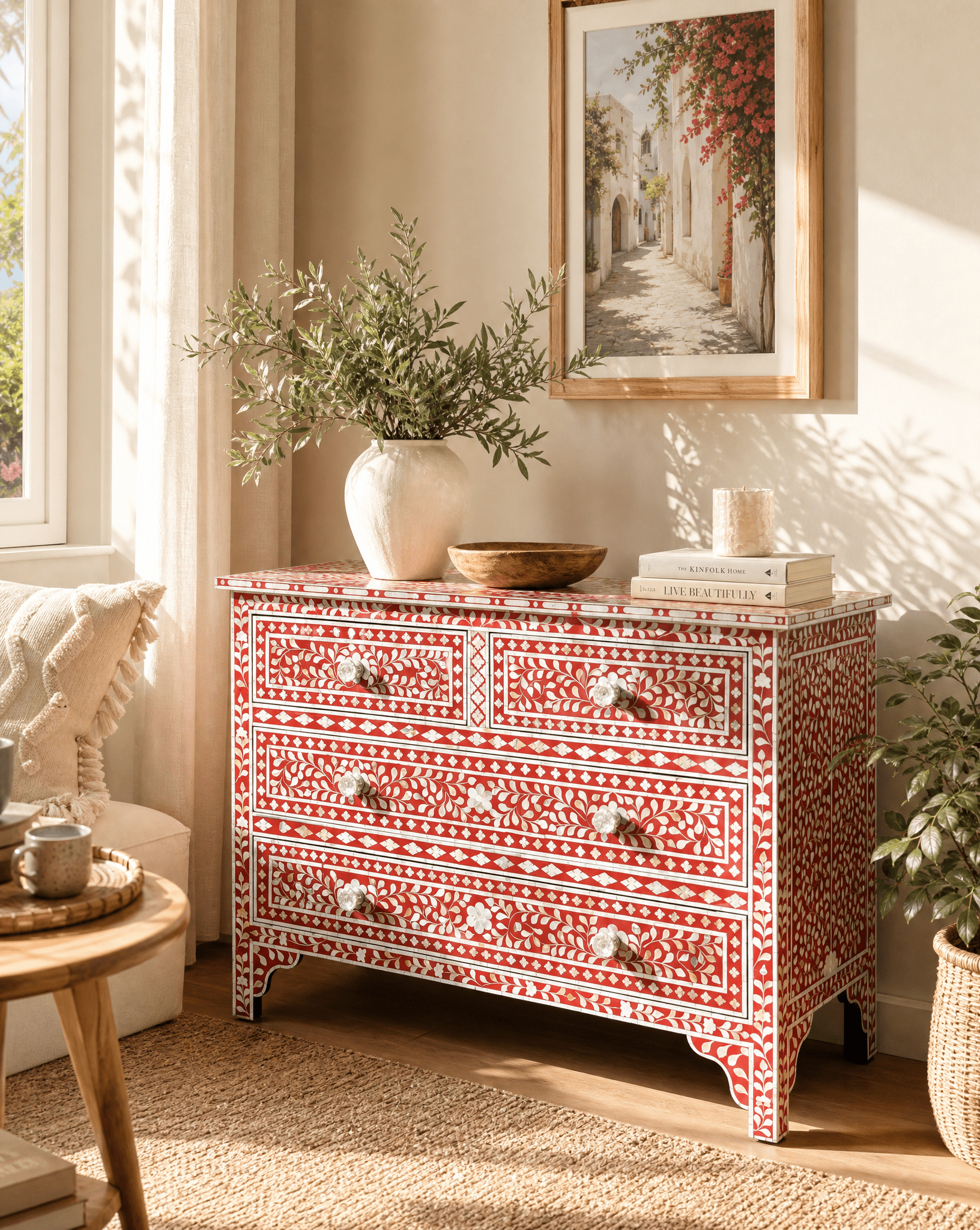 OCEAN-RED MOTHER OF PEARL CHEST OF DRAWER - Art and craft furniture