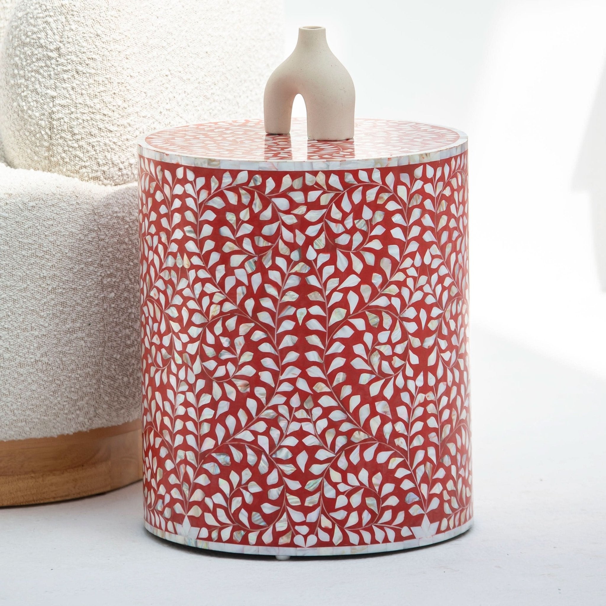 OCEAN-RED MOTHER OF PEARL ROUND SIDE TABLE - Art and craft furniture