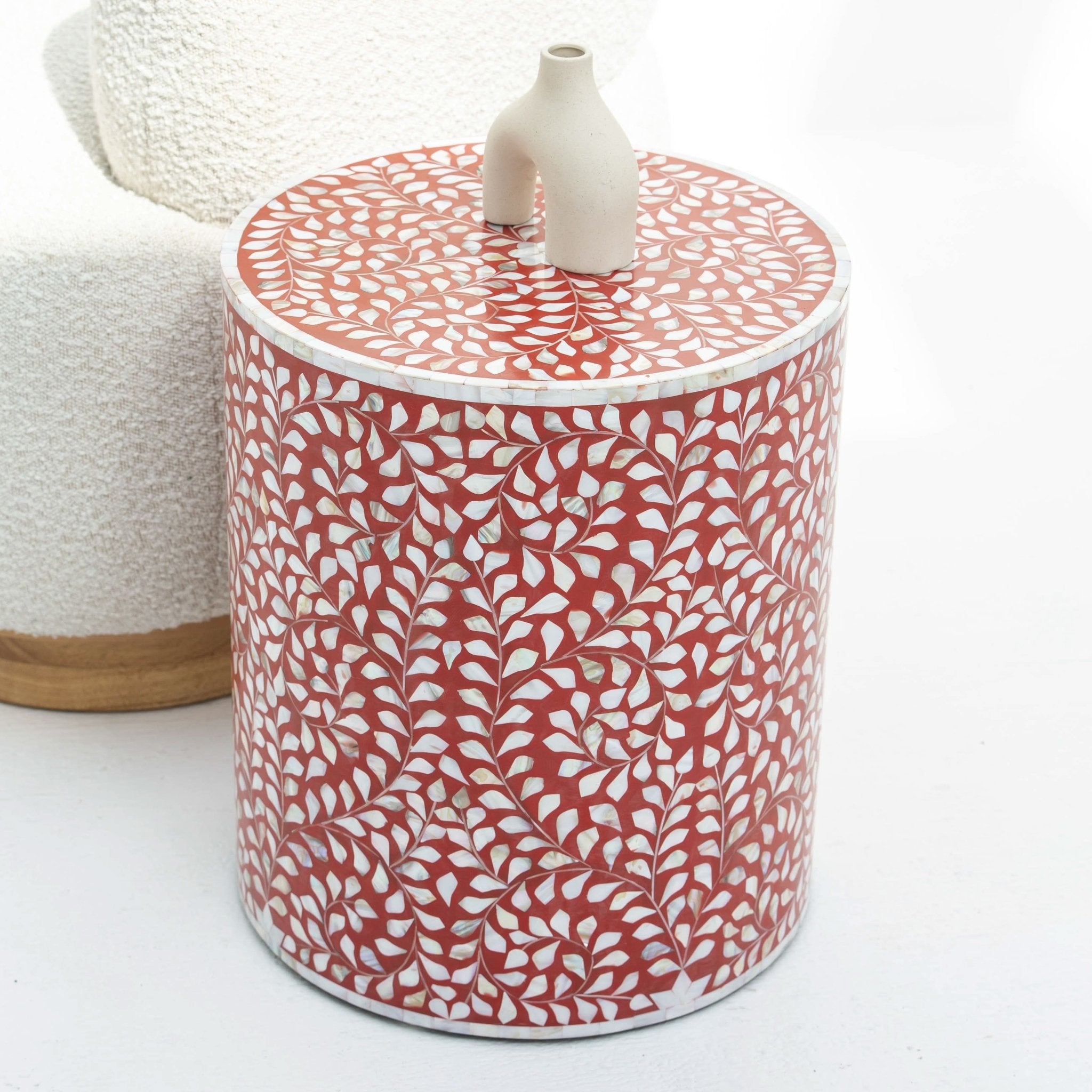 OCEAN-RED MOTHER OF PEARL ROUND SIDE TABLE - Art and craft furniture