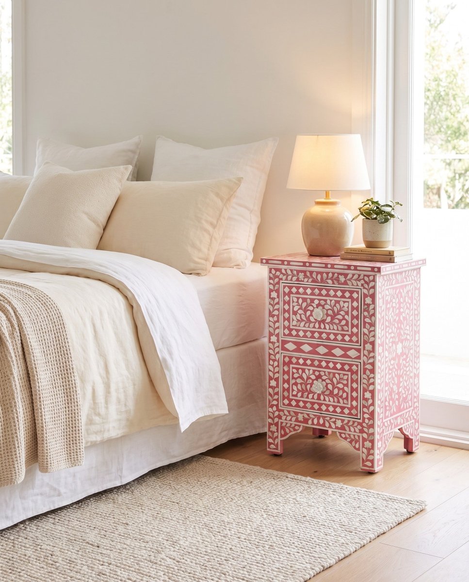 Ocean Red Mother of Pearl Two Drawer Bedside Table - Art and craft furniture
