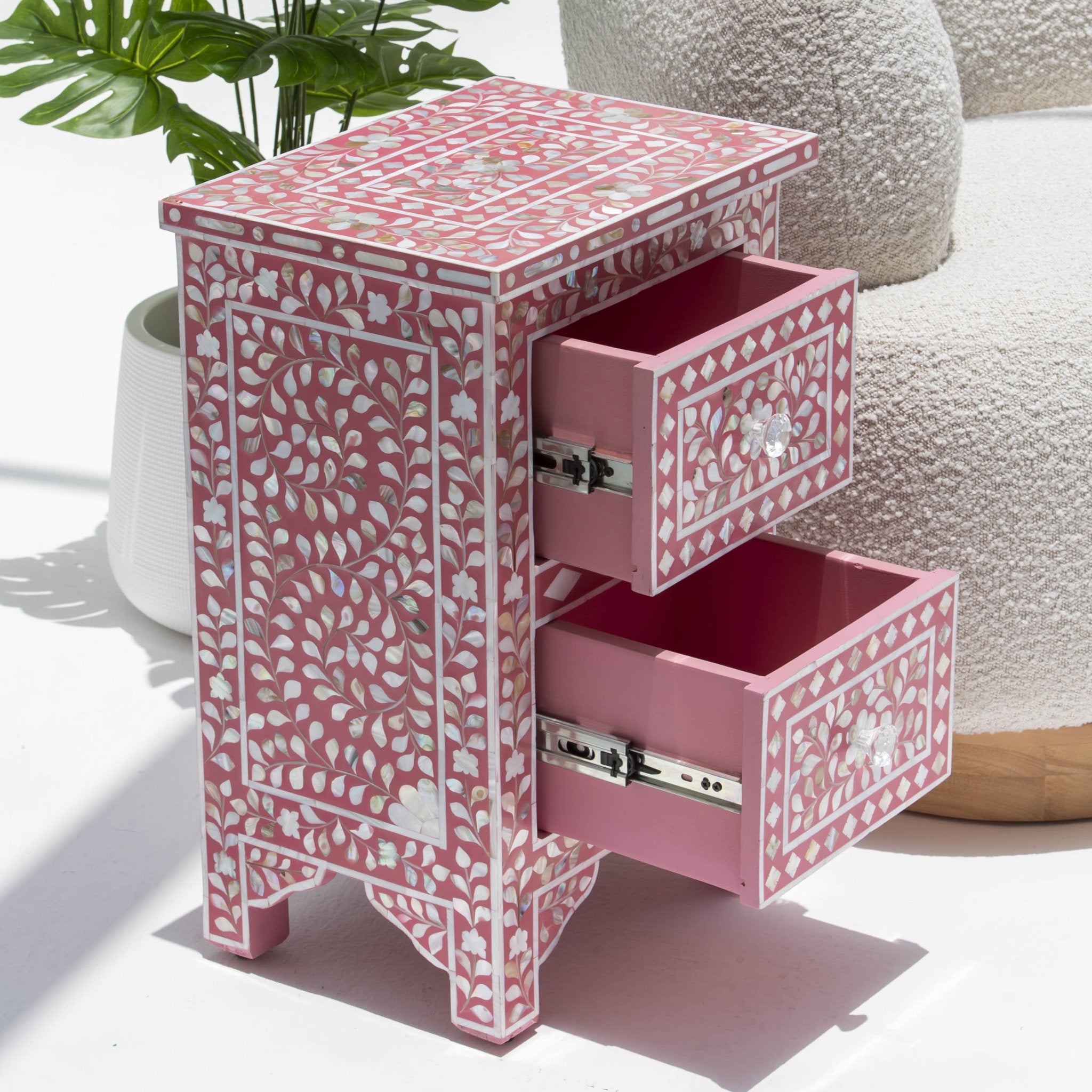 OCEAN-RED MOTHER OF PEARL TWO DRAWER BEDSIDE TABLE - Art and craft furniture