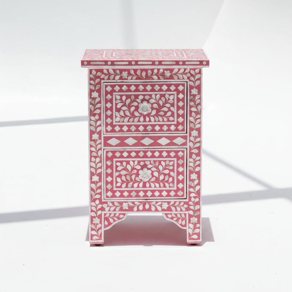 OCEAN-RED MOTHER OF PEARL TWO DRAWER BEDSIDE TABLE - Art and craft furniture