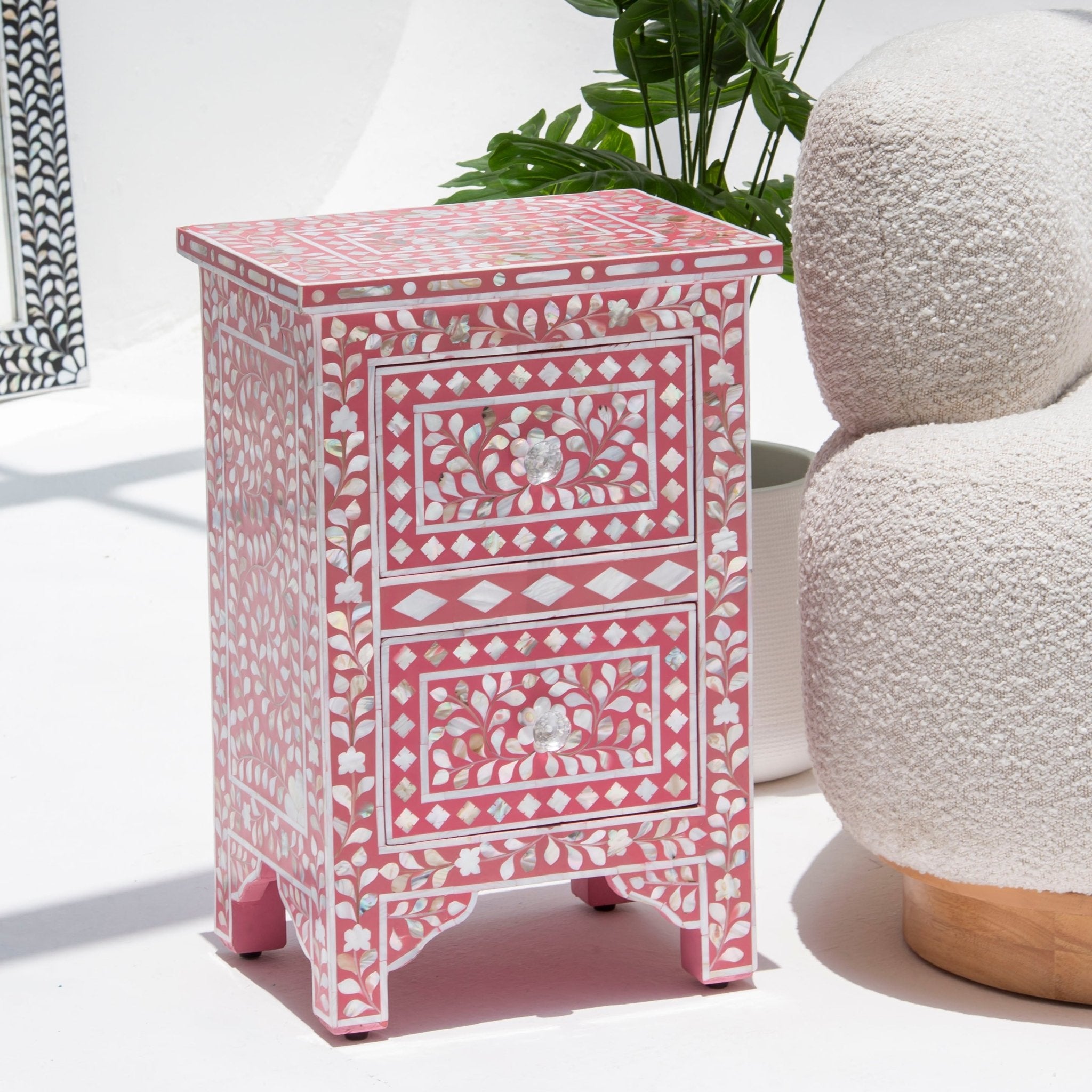 OCEAN-RED MOTHER OF PEARL TWO DRAWER BEDSIDE TABLE - Art and craft furniture