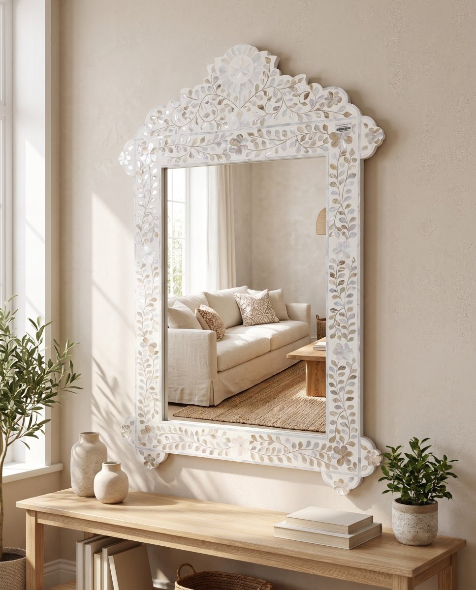 Ocean-White Mother of Pearl Frame Mirror - Art and craft furniture