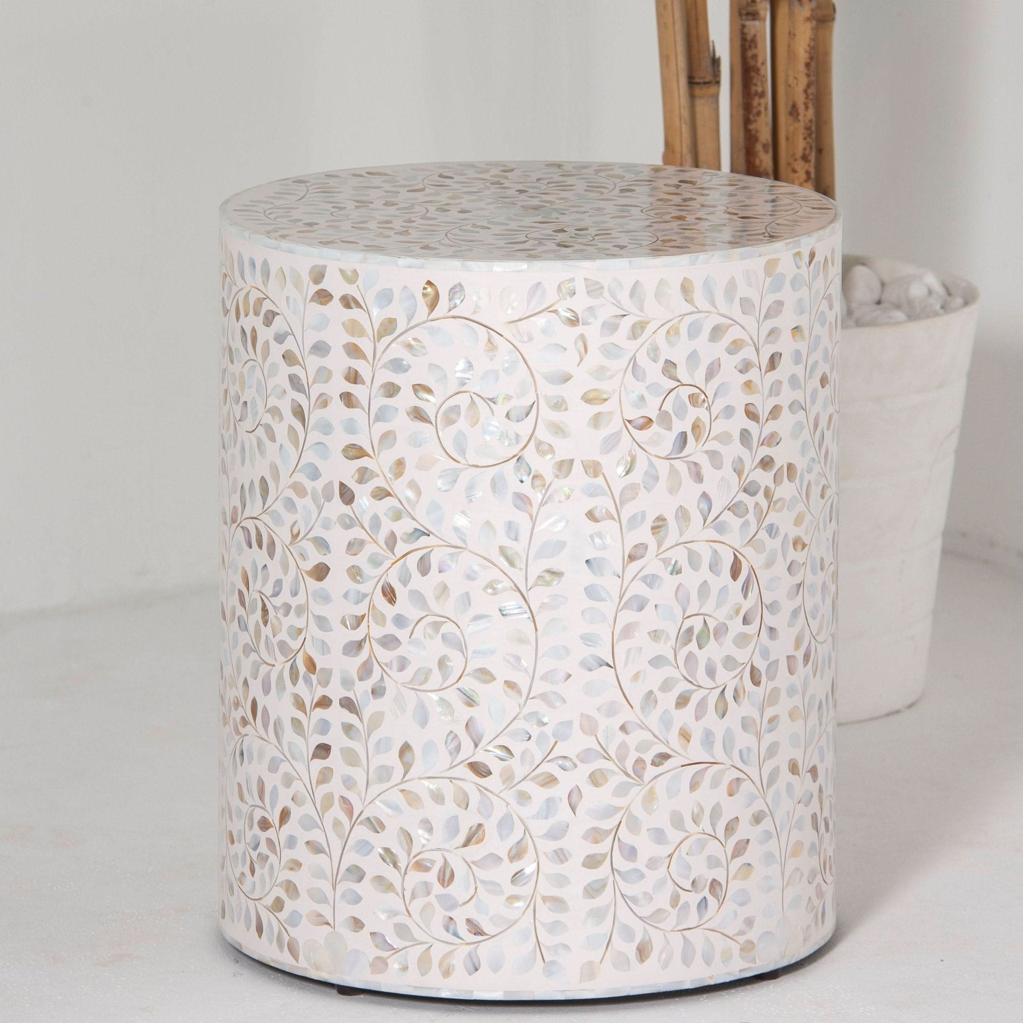 OCEAN-WHITE MOTHER OF PEARL ROUND SIDE TABLE - Art and craft furniture