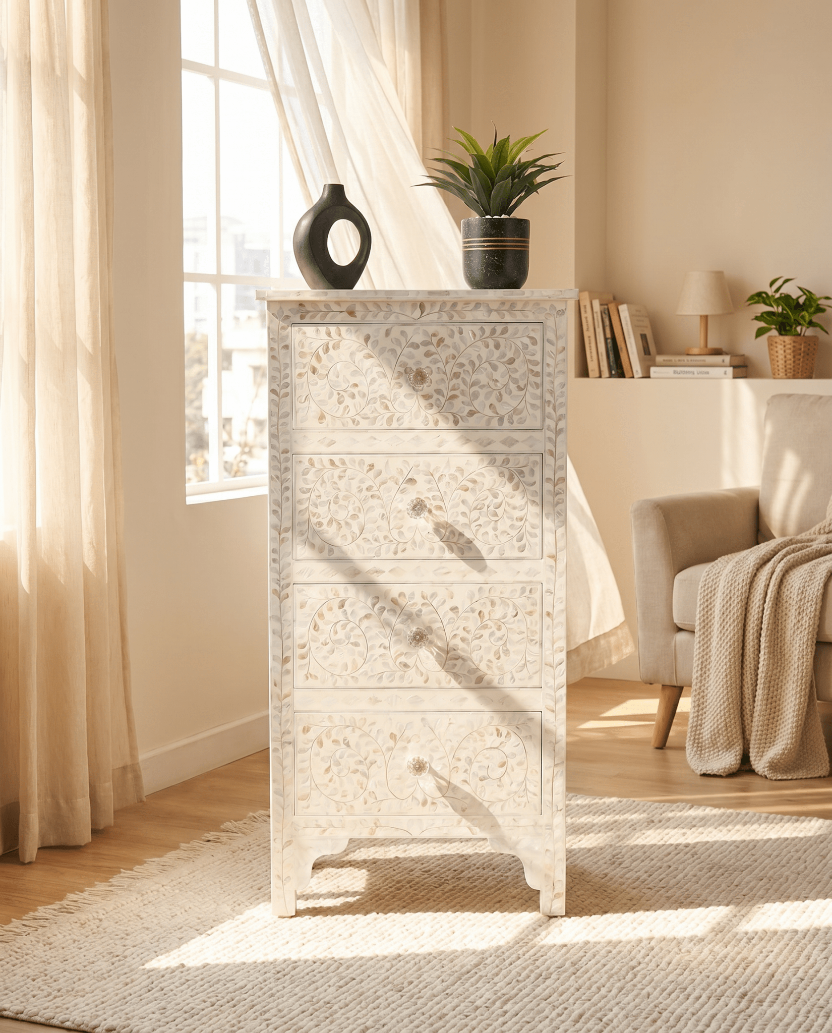 OCEAN-WHITE MOTHER OF PEARL SINGLE DRAWCHEST - Art and craft furniture