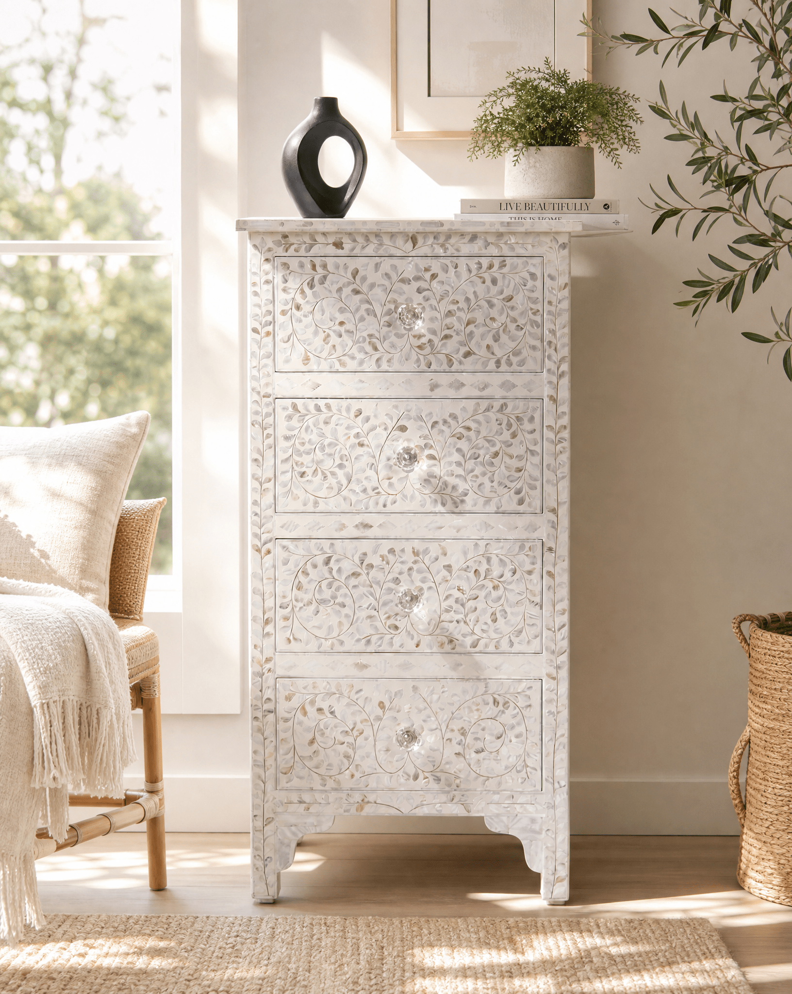 OCEAN-WHITE MOTHER OF PEARL SINGLE DRAWCHEST - Art and craft furniture