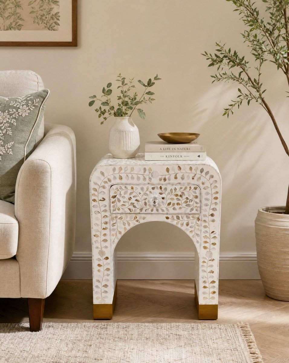 Ocean White Mother of Pearl Single Drawer Bedside Table - Art and craft furniture