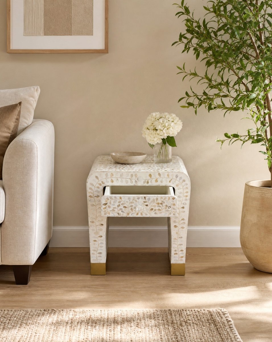 Ocean White Mother of Pearl Single Drawer Bedside Table - Art and craft furniture