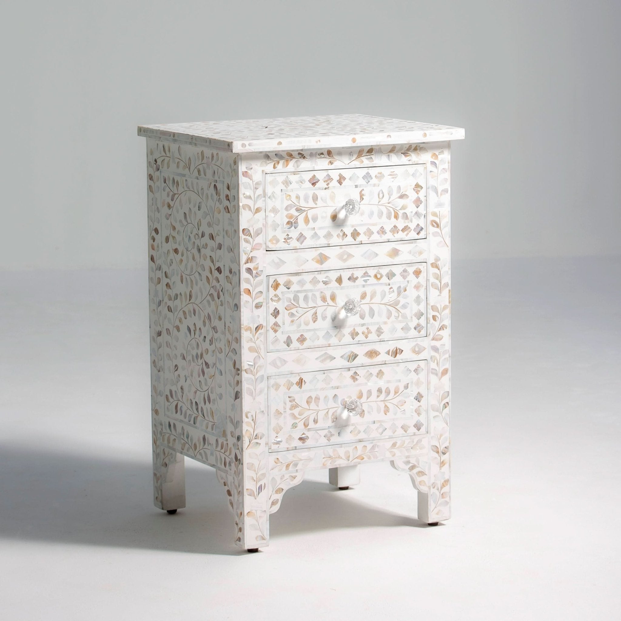 OCEAN-WHITE MOTHER OF PEARL THREE DRAWER BEDSIDE TABLE - Art and craft furniture