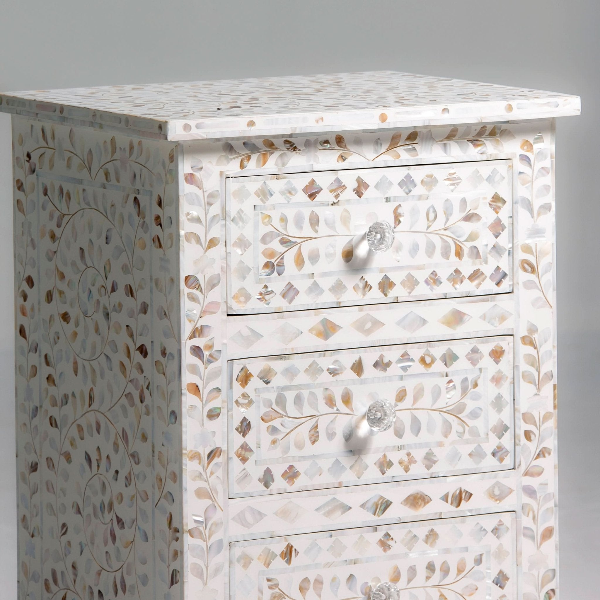 OCEAN-WHITE MOTHER OF PEARL THREE DRAWER BEDSIDE TABLE - Art and craft furniture