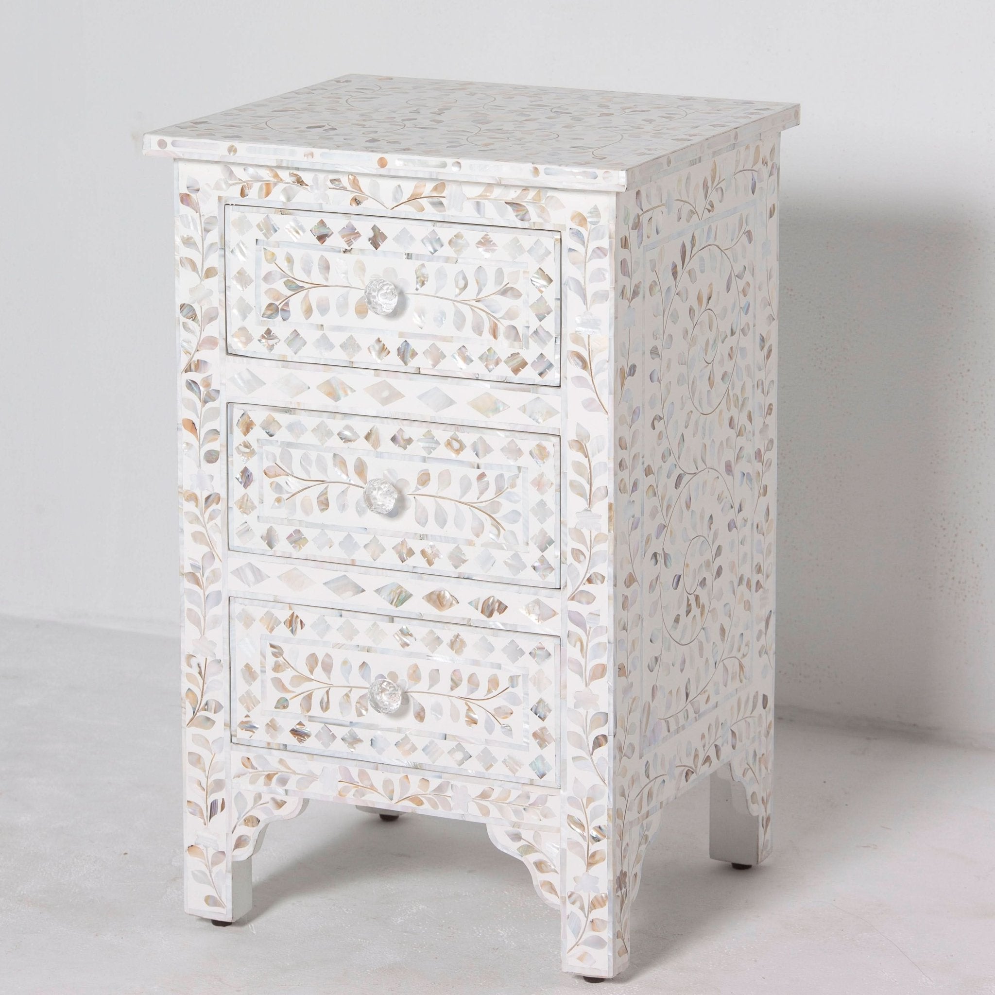 OCEAN-WHITE MOTHER OF PEARL THREE DRAWER BEDSIDE TABLE - Art and craft furniture