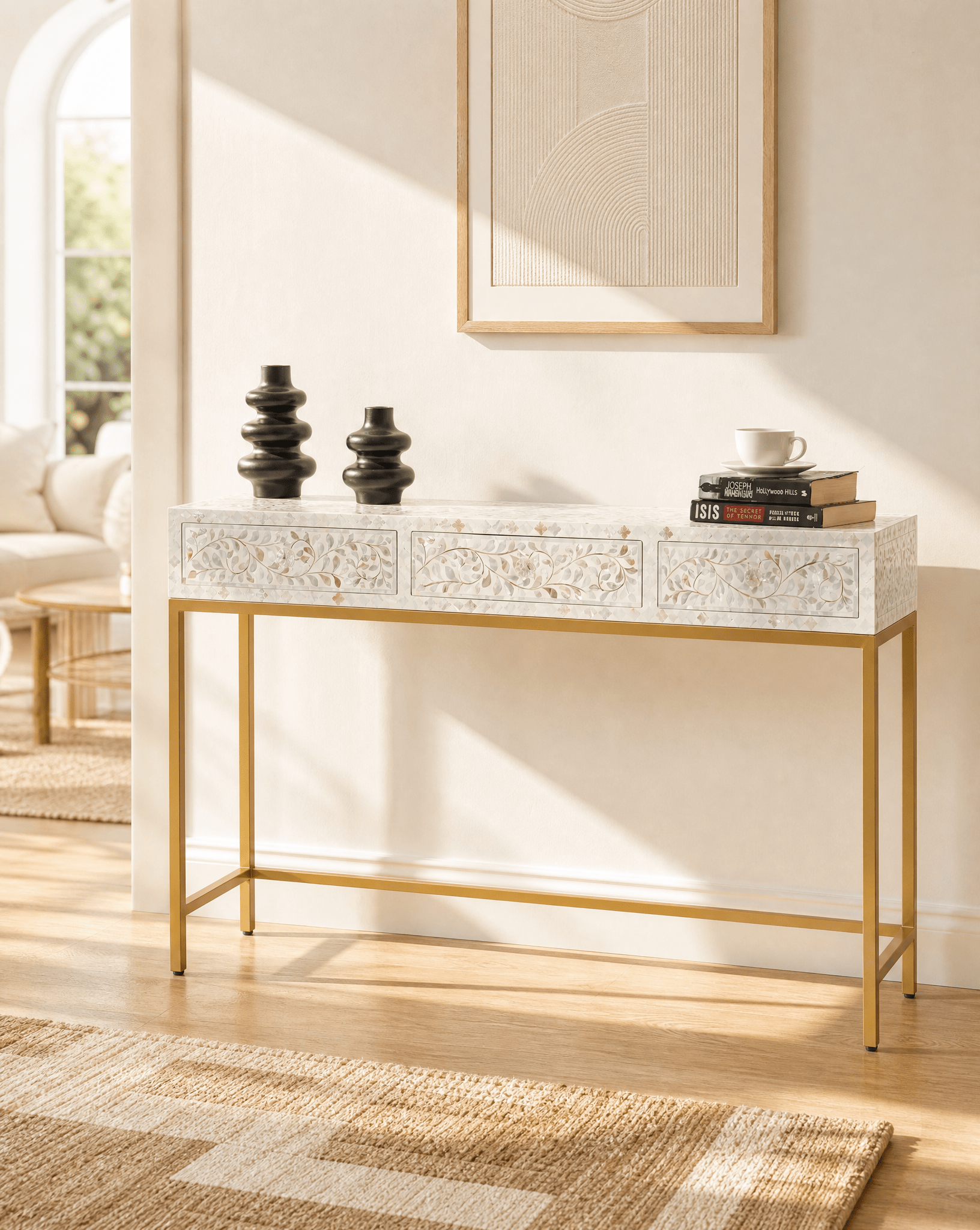 OCEAN-WHITE MOTHER OF PEARL THREE DRAWER CONSOLE - Art and craft furniture