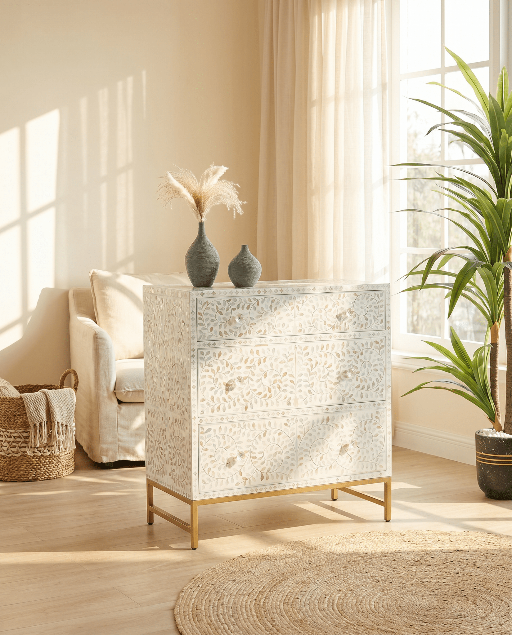 OCEAN-WHITE MOTHER OF PEARL THREE DRAWER DRAWCHEST - Art and craft furniture