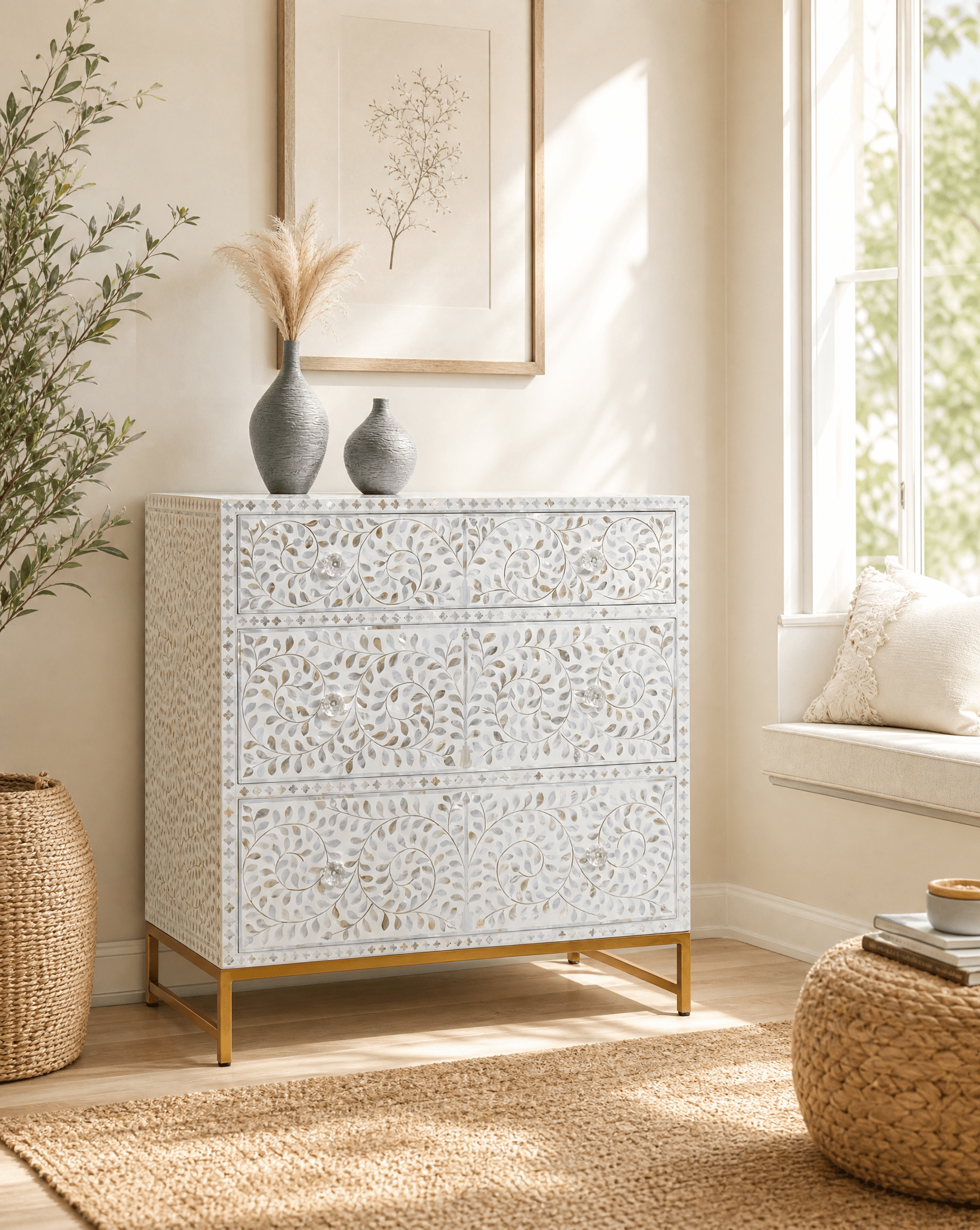 OCEAN-WHITE MOTHER OF PEARL THREE DRAWER DRAWCHEST - Art and craft furniture