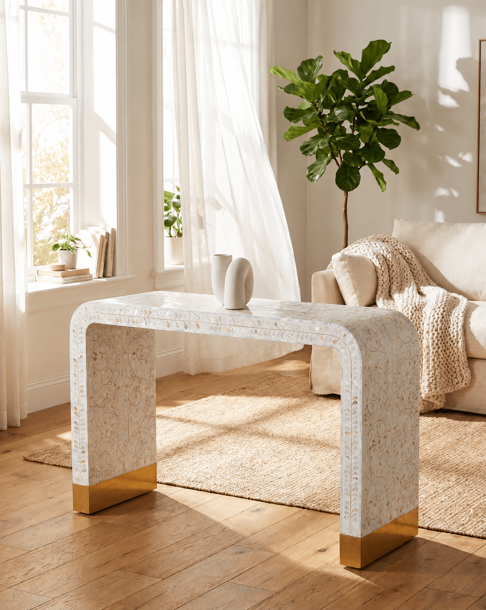 OCEAN-WHITE MOTHER OF PEARL U SHAPE CONSOLE TABLE - Art and craft furniture