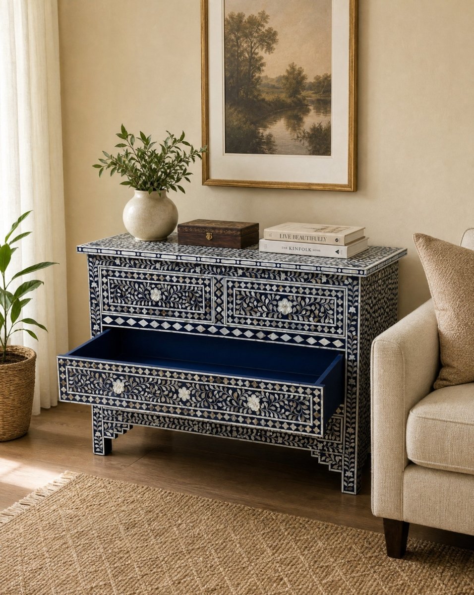 Oceanic Blue Mother Of Pearl Chest of Drawer - Art and craft furniture