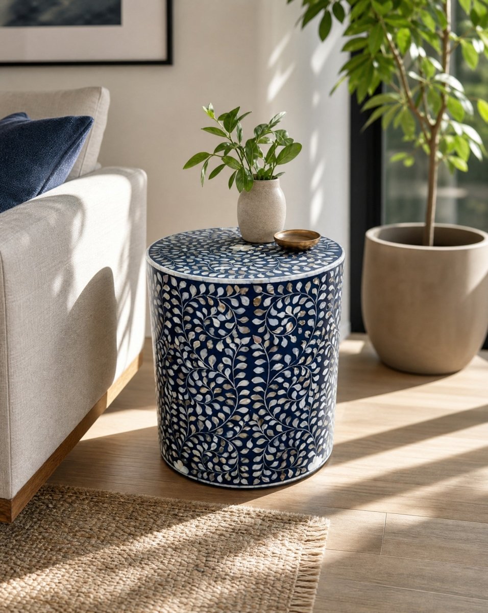 Oceanic Blue Mother Of Pearl Side Table - Art and craft furniture