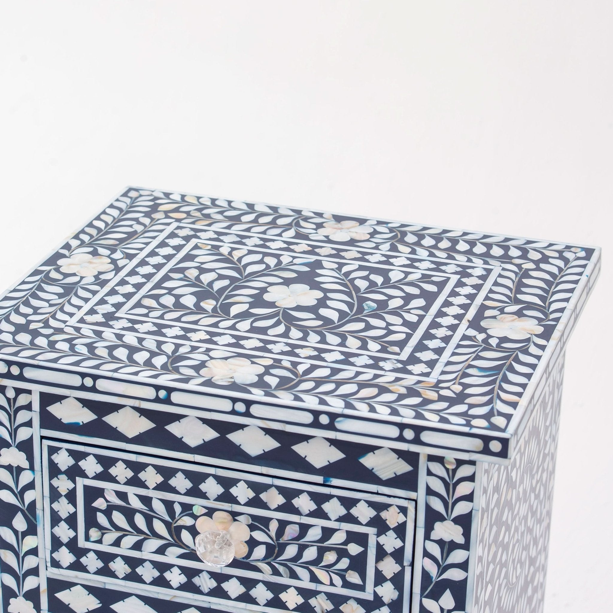 OCEANIC-BLUE MOTHER OF PEARL TWO DRAWER BEDSIDE TABLE - Art and craft furniture