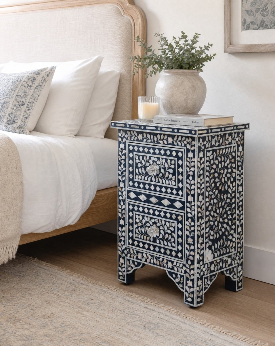 Oceanic Blue Mother Of Peral Two Drawer Bedside Table - Art and craft furniture