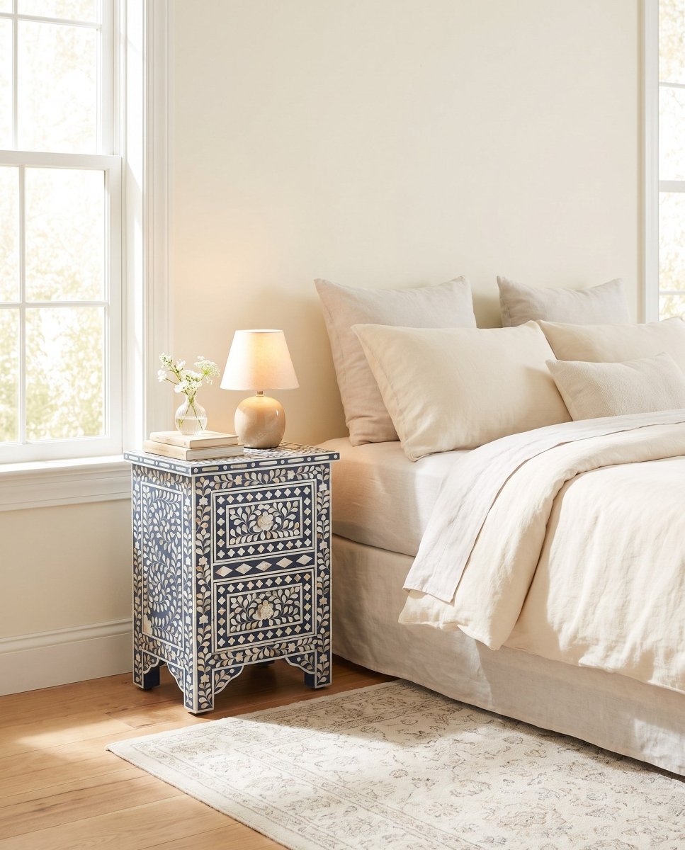 Oceanic Blue Mother Of Peral Two Drawer Bedside Table - Art and craft furniture