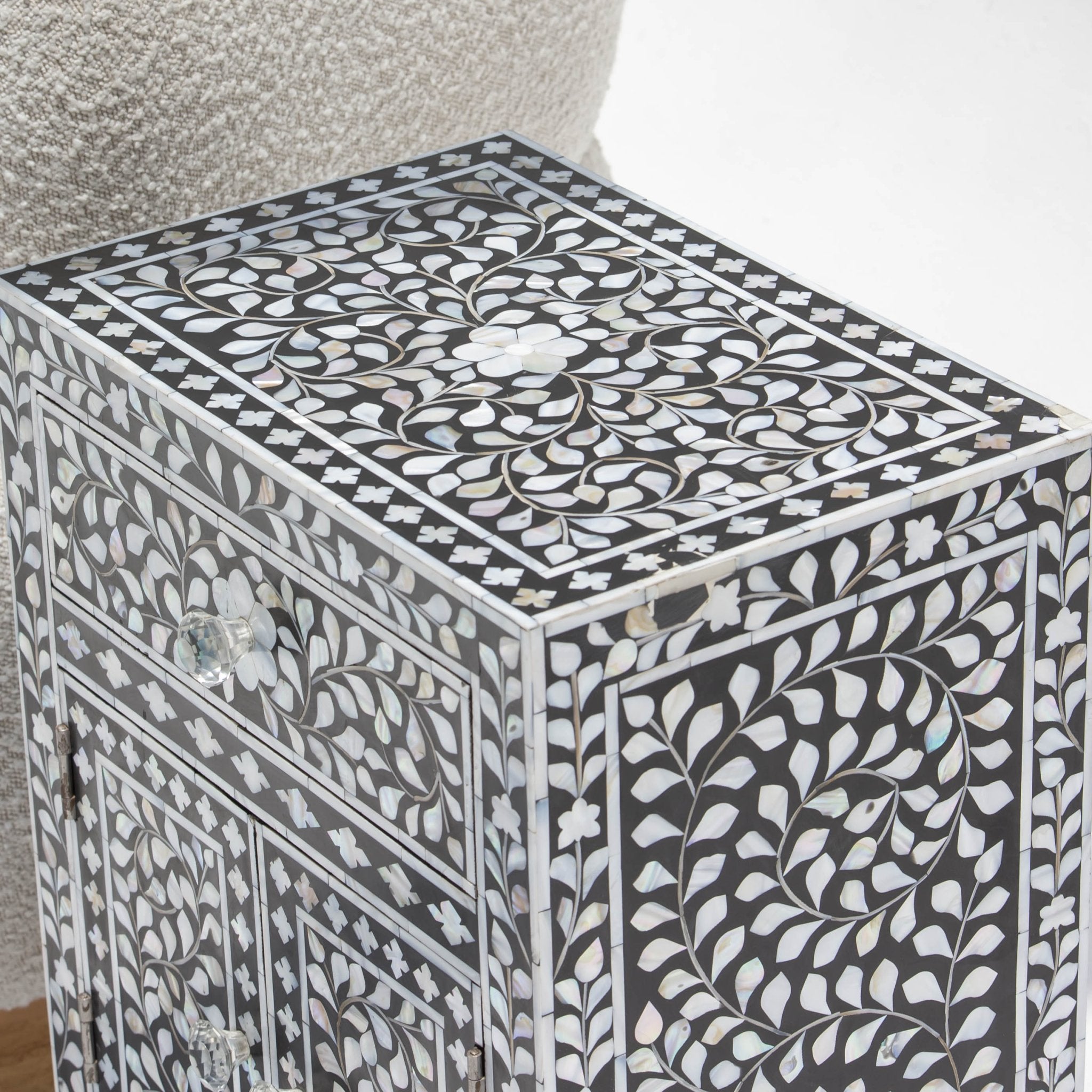 ORBIT-BLACK MOTHER OF PEARL ONE DRAWER TWO DOOR BEDSIDE TABLE - Art and craft furniture