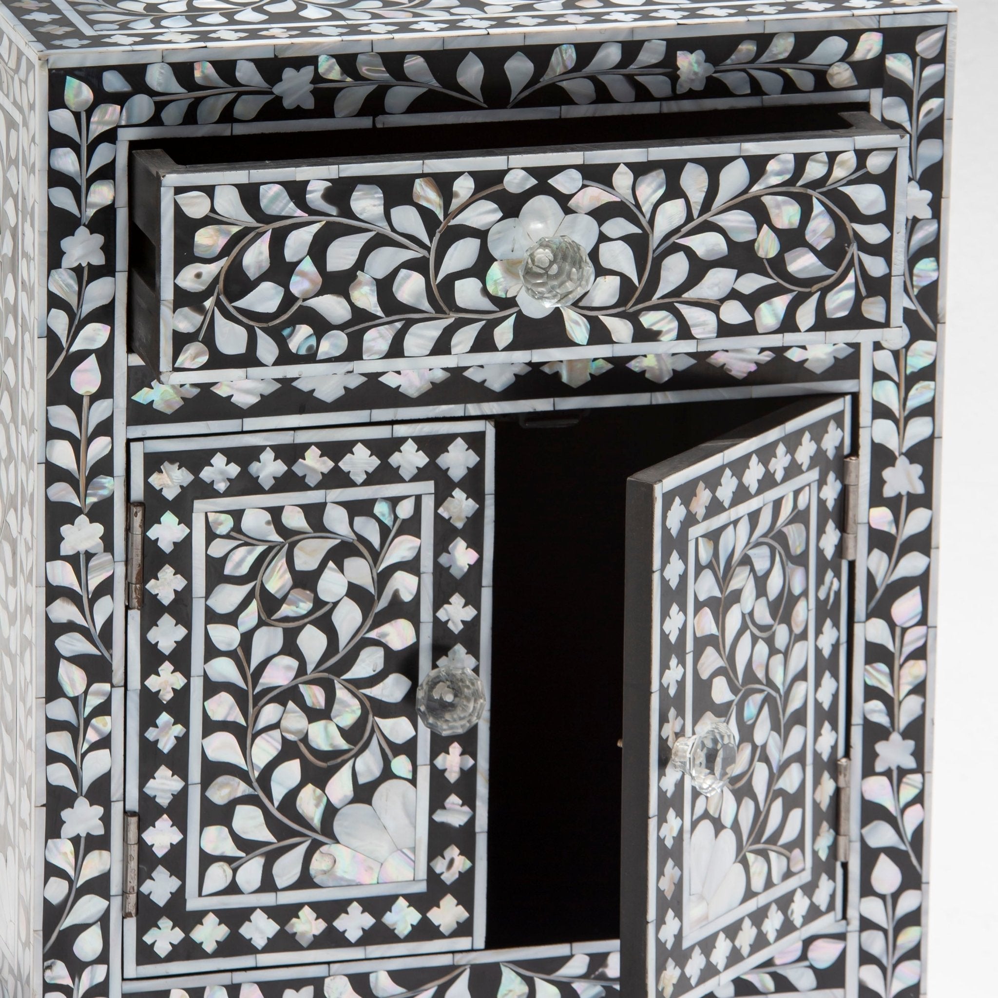 ORBIT-BLACK MOTHER OF PEARL ONE DRAWER TWO DOOR BEDSIDE TABLE - Art and craft furniture