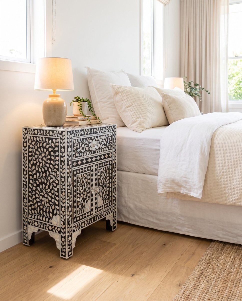 Orbit Black Mother Of Pearl Two Door Bedside Table - Art and craft furniture
