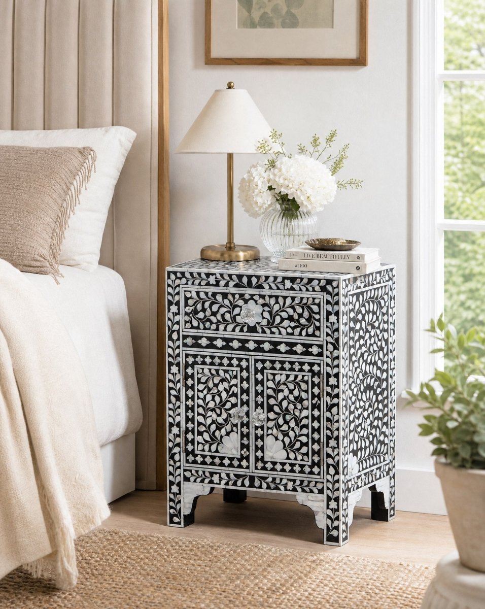 Orbit Black Mother Of Pearl Two Door Bedside Table - Art and craft furniture