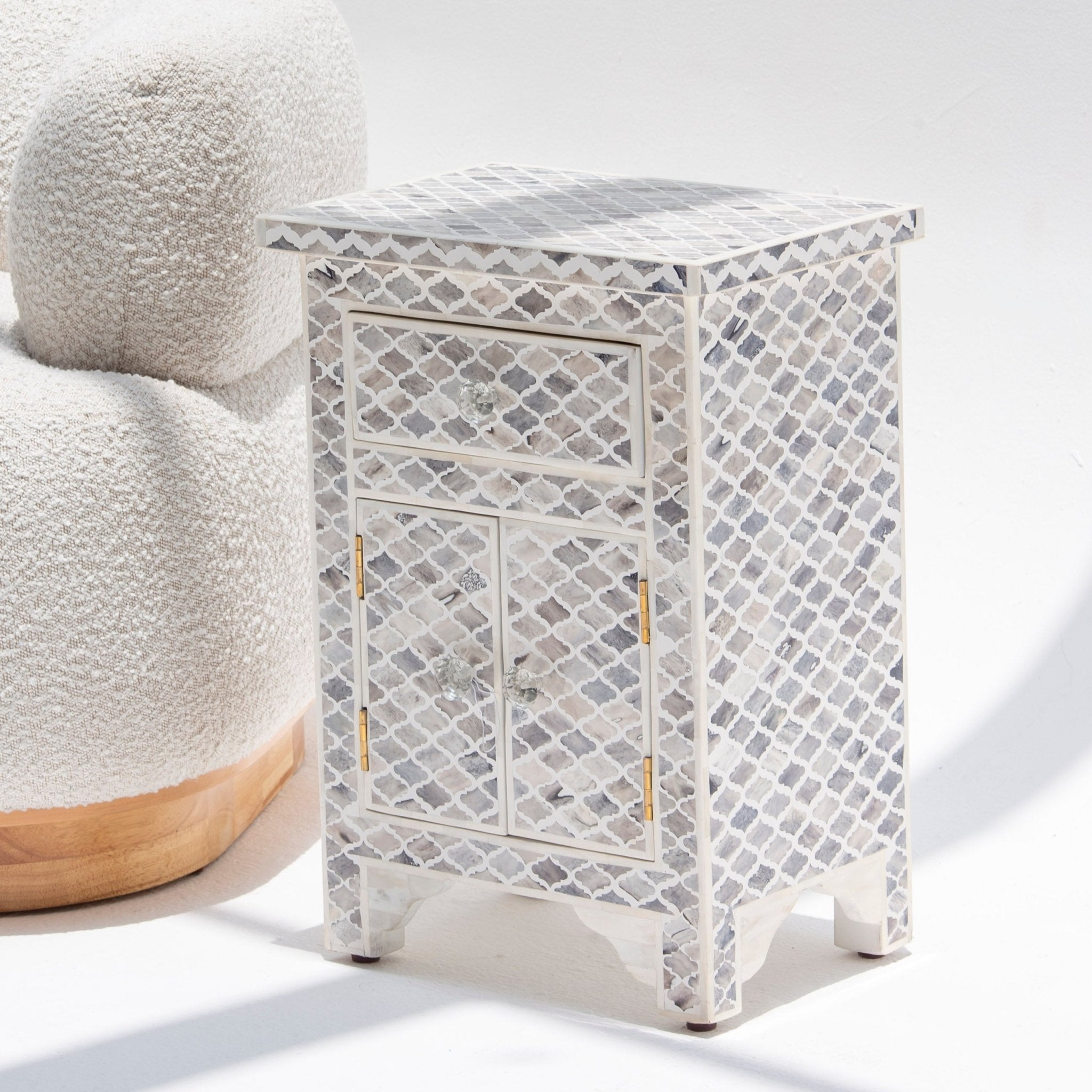 ORBIT INLAY ONE DRAWER TWO DOOR BEDSIDE TABLE - Art and craft furniture