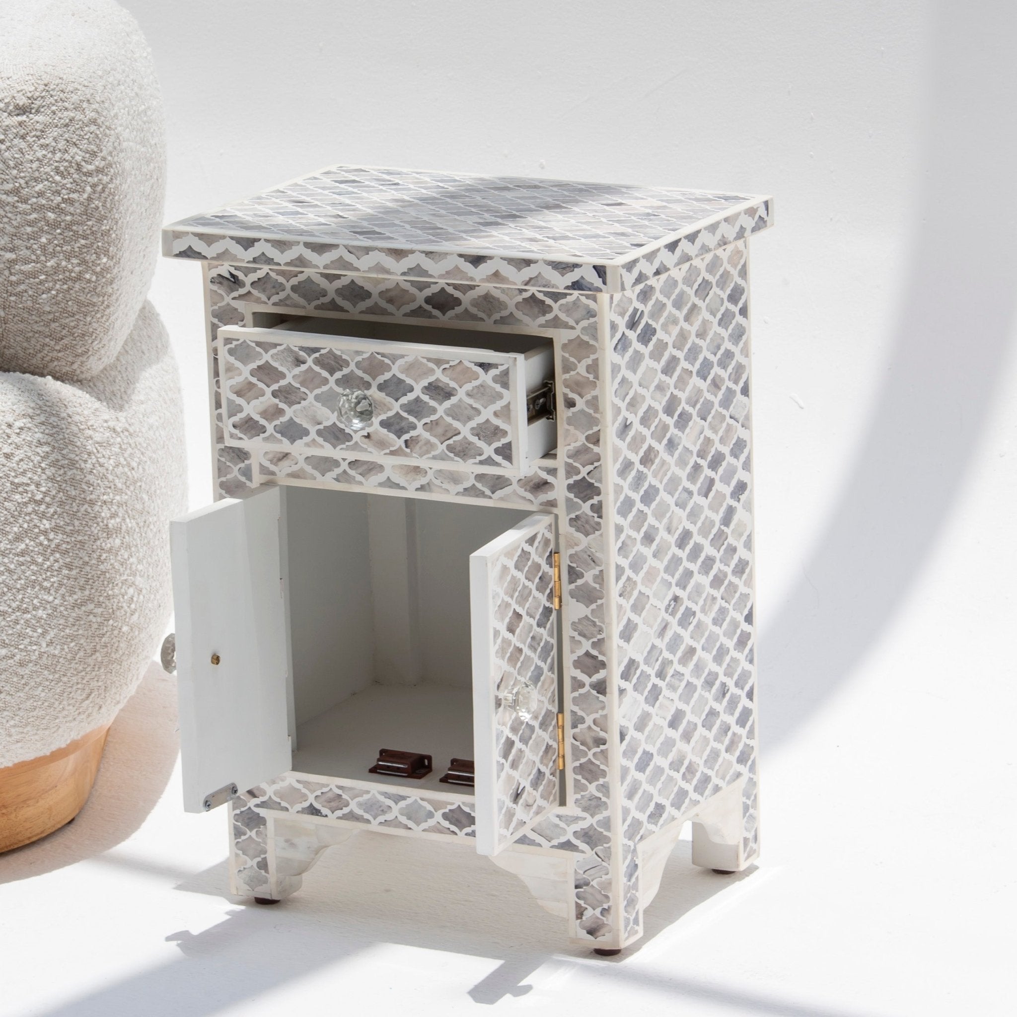 ORBIT INLAY ONE DRAWER TWO DOOR BEDSIDE TABLE - Art and craft furniture