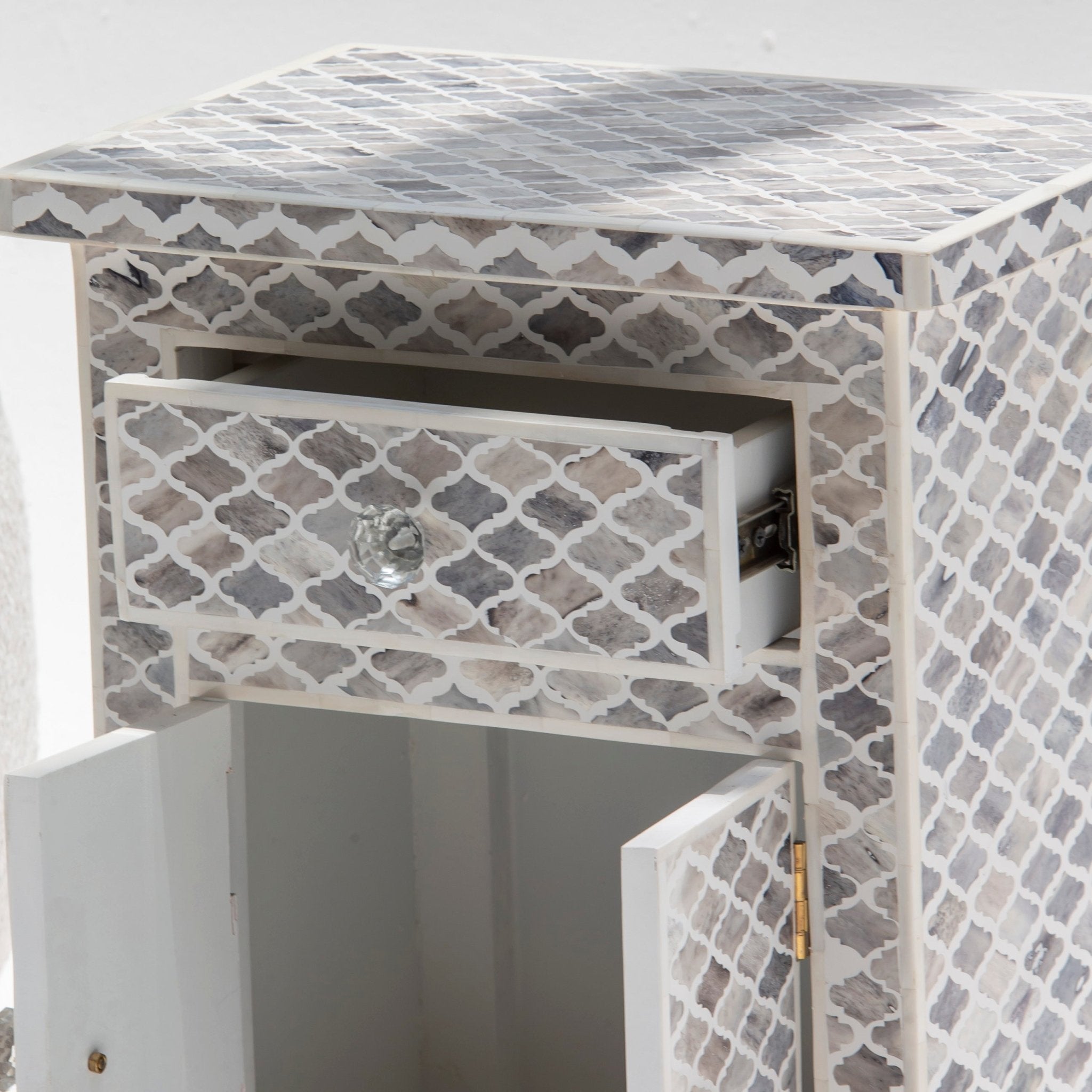 ORBIT INLAY ONE DRAWER TWO DOOR BEDSIDE TABLE - Art and craft furniture