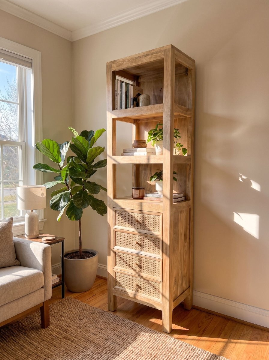 Orlena Wooden Cane Book Shelf - Art and craft furniture