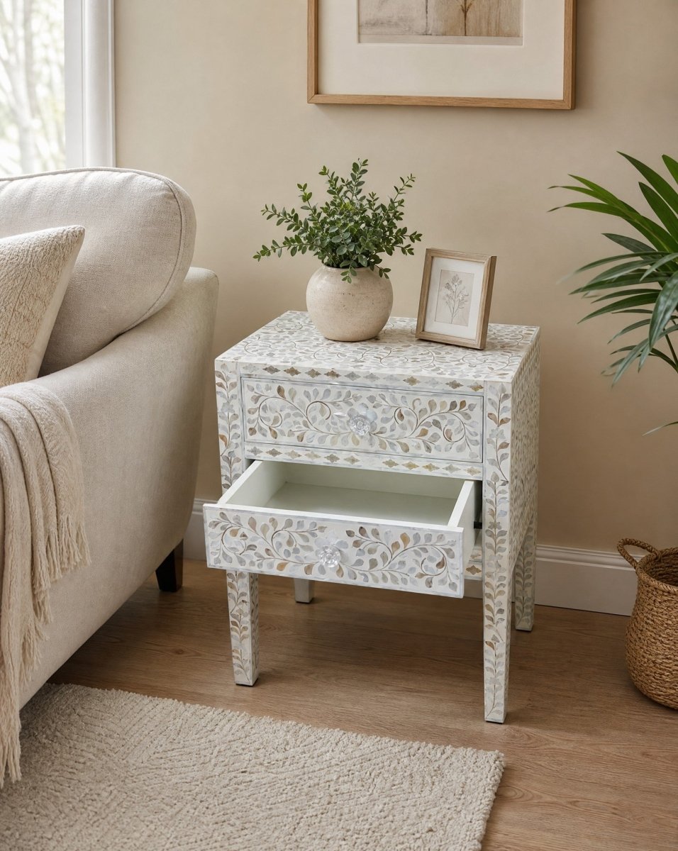 Ornate White Mother Of Table Two Drawer Bedside Table - Art and craft furniture