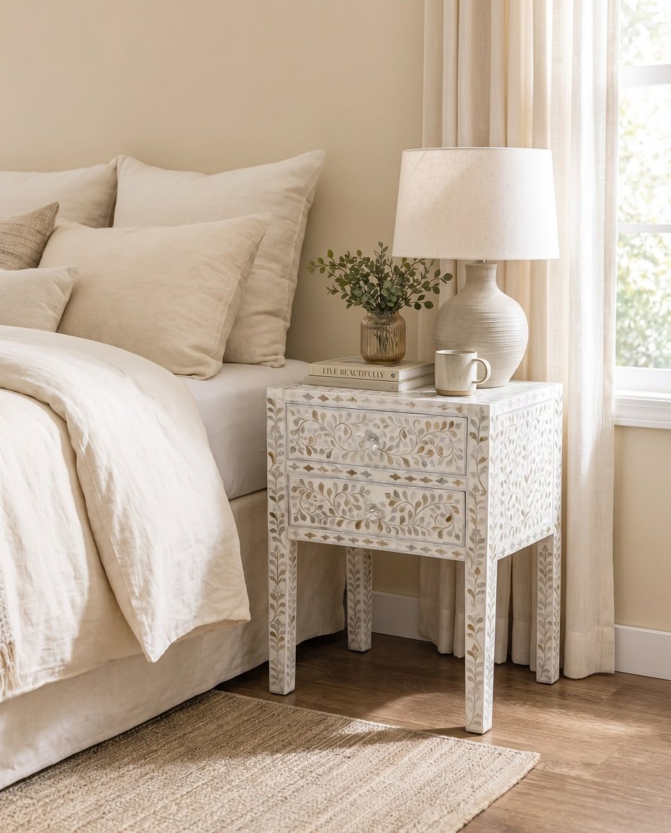 Ornate White Mother Of Table Two Drawer Bedside Table - Art and craft furniture
