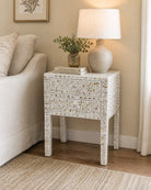 Ornate White Mother Of Table Two Drawer Bedside Table - Art and craft furniture