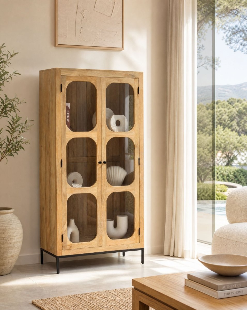Orvella Glass Door Mango wood Cabinet - Art and craft furniture