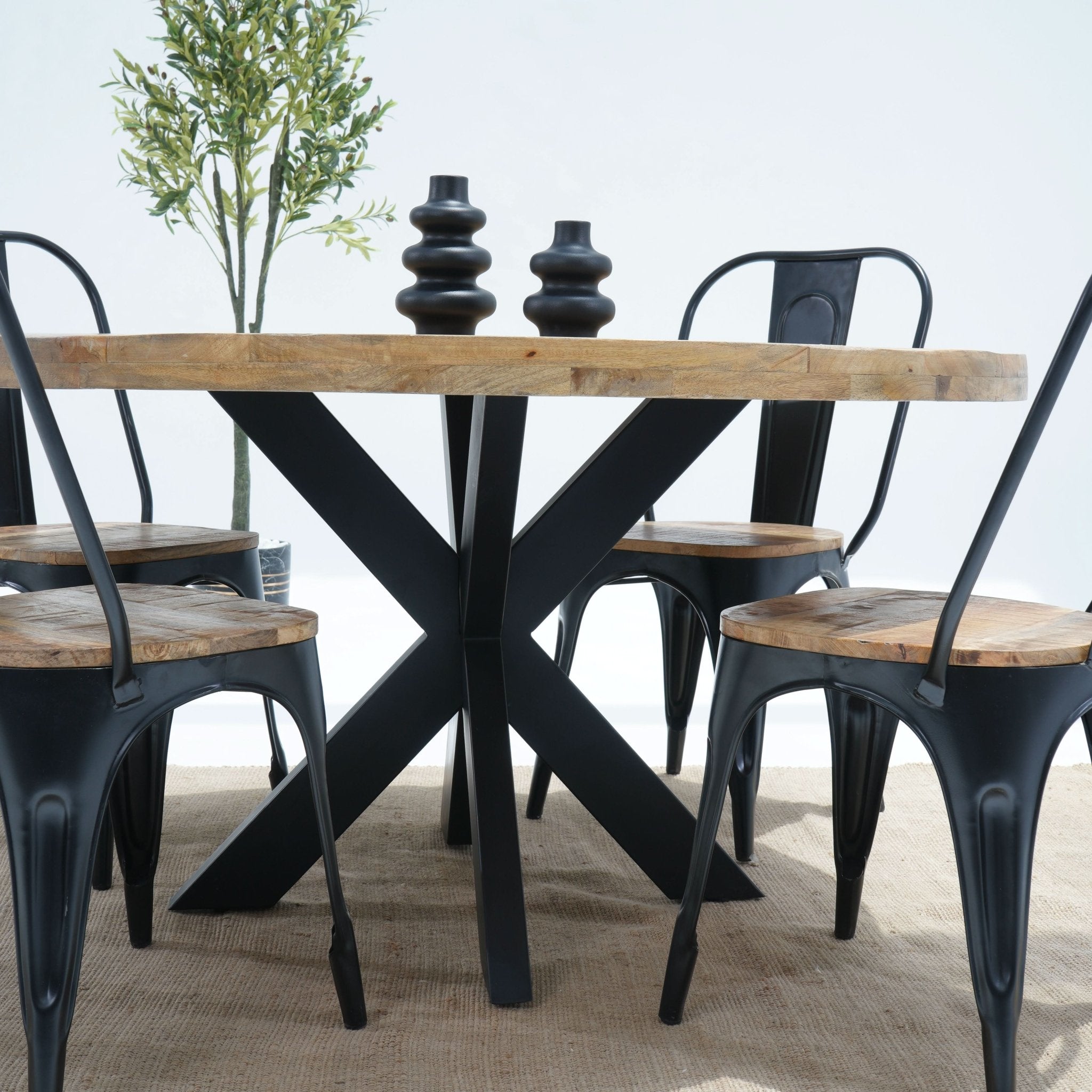 Parisian Elegance Round Mango Wood With Metal Leg Dining Table - Art and craft furniture