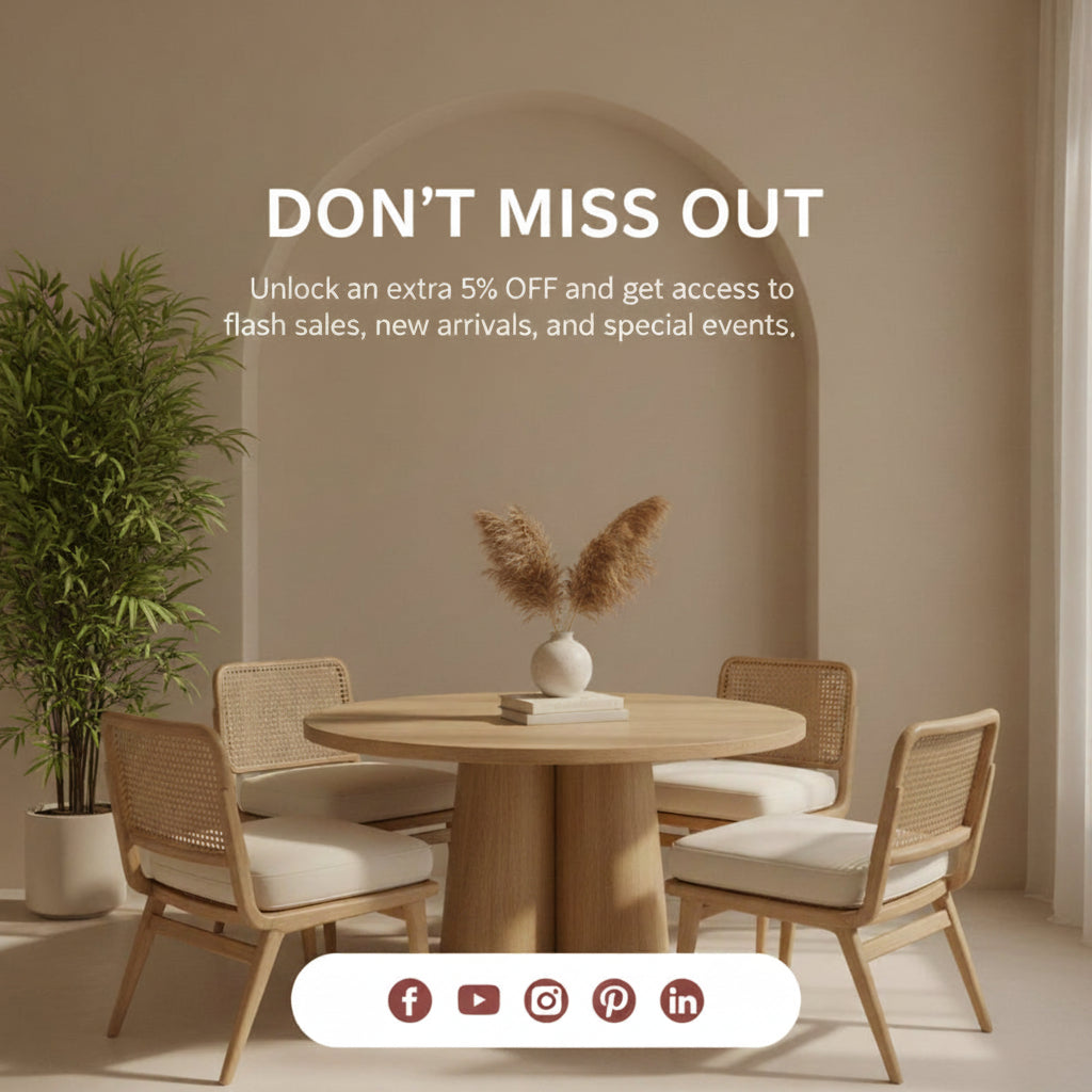 Wooden dining set with chairs in a room setting, promotional text for Art & Craft Furniture.