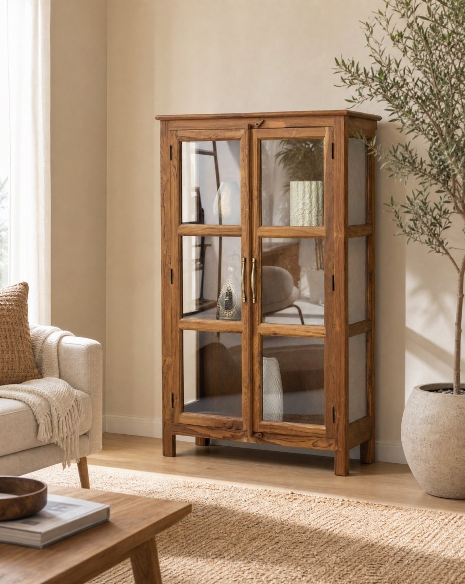 Ravella Teak Wood Glass Door Cabinet - Art and craft furniture