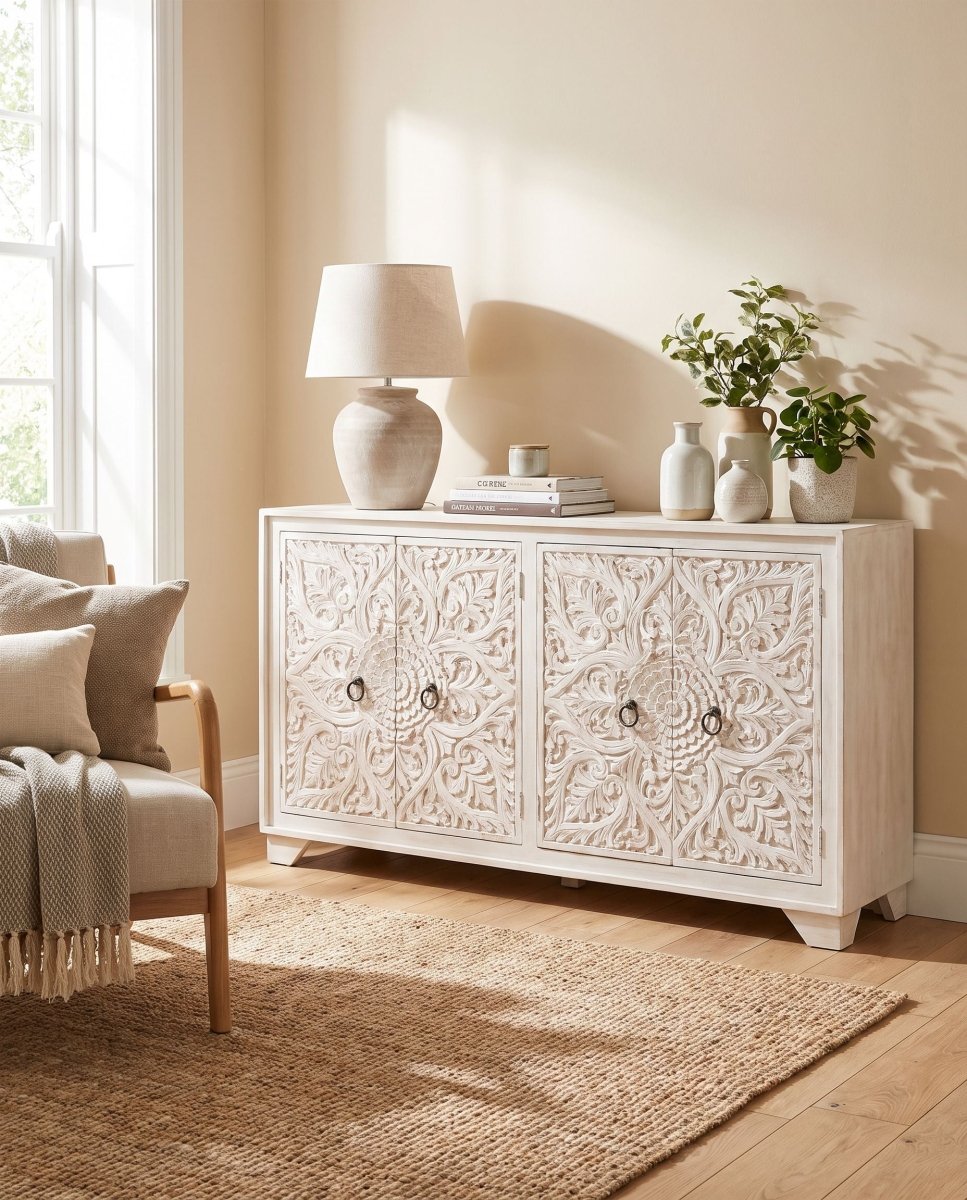 Riyan Carved 4 Door Wooden Sideboard - Art and craft furniture