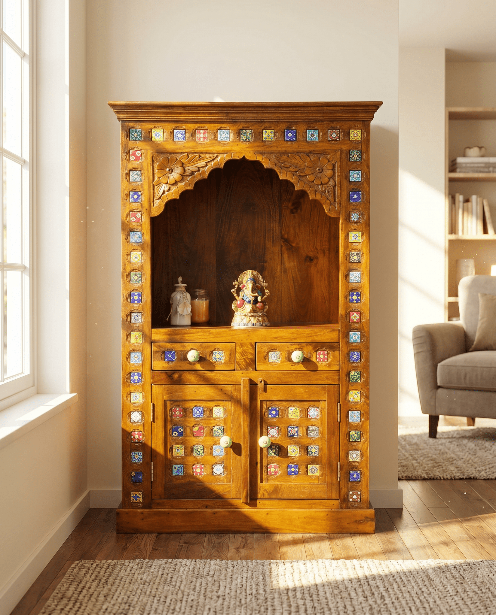 ROSE WOOD TWO TILE DOOR & TWO DRAWER TEMPLE - Art and craft furniture