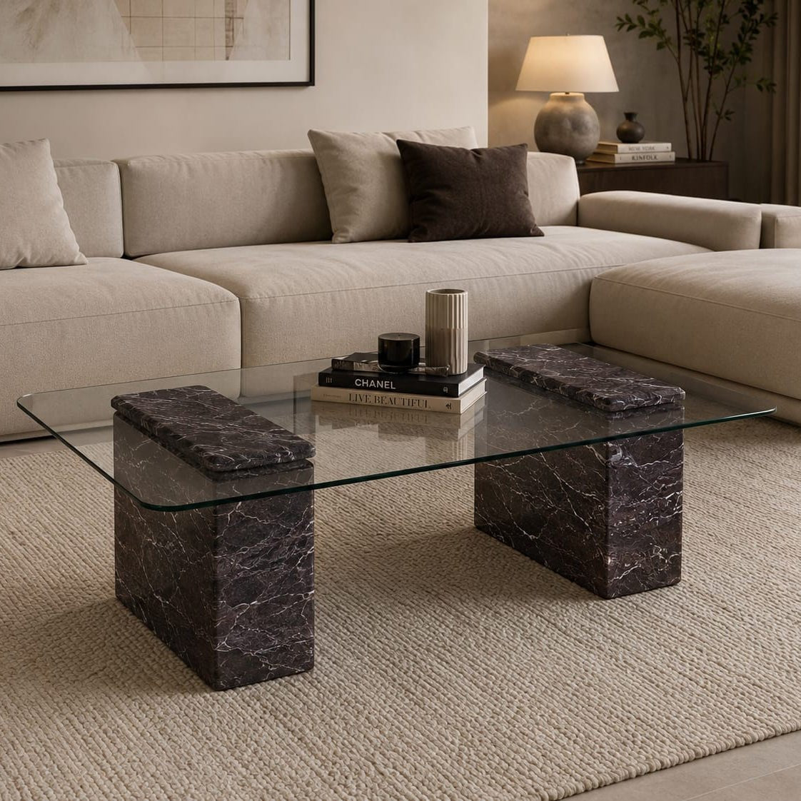 Rosso Levanto Coffee Table with Clear Glass – Antique Finish - Art and craft furniture