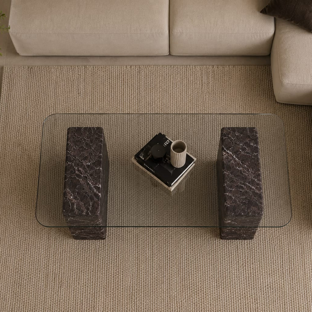 Rosso Levanto Coffee Table with Clear Glass – Antique Finish - Art and craft furniture